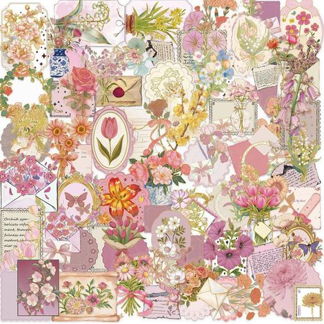 Die-Cut Lot de 50 autocollants en forme de fleurs – Film doré transparent pour scrapbooking, fleurs vintage pour journaling, fabrication de cartes (1/5)