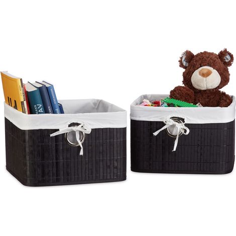 Set of 2 Relaxdays Storage Basket, Fabric Lining, Bamboo, Rectangular, Bathroom, Accessories, HxWxD: 20x31x31 cm Black