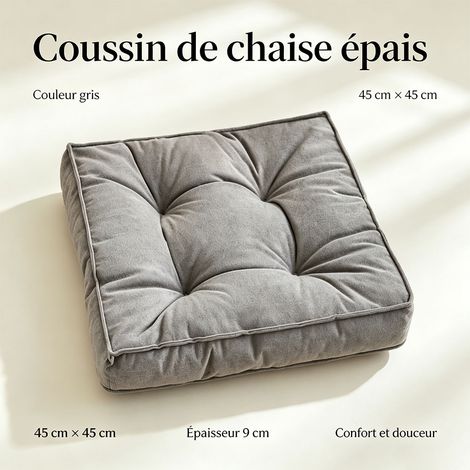 Coussin d'assise épaissi 45x45 cm en tissu brossé doux, chaise de bureau, chaise de salle à manger, tatami, étudiant - Gris (1/5)