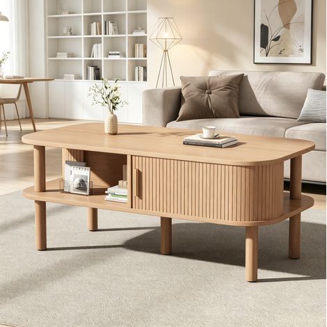 Mesa de centro de MDF 110 x 55 x 45 cm, color natural, con puerta corredera y doble espacio de almacenaje (1/5)
