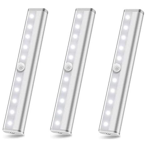 3er-Pack LED-Schrankleuchten mit Bewegungsmelder, batteriebetriebene, überall aufklebbare kabellose Unterschrankbeleuchtung, 10 LEDs, kabellos (1/5)