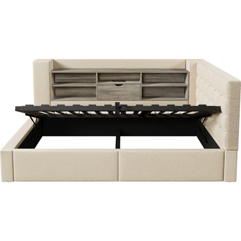 Polsterbett 90 x 200 cm mit LED, L-Kopfteil, Stauraum und Matratze, beige Leinenoptik (1/5)