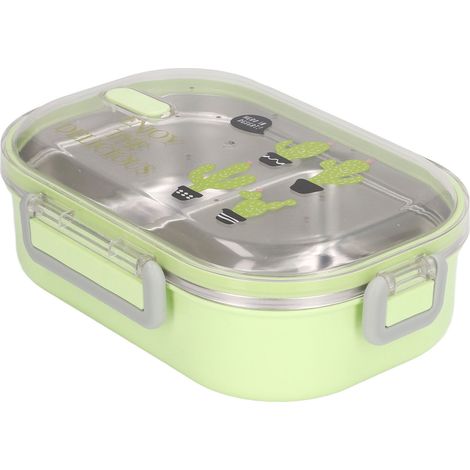 Boîte-repas bento compartimentée en acier inoxydable 304, isolation thermique, style illustration cactus vert transparent, étanche, pour enfants étudiants.