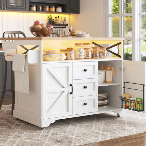 Îlot de cuisine 120x71.5x98 cm blanc en MDF et métal avec plateau rabattable, LED intelligente et rangements (1/5)