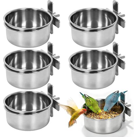 Lot de 5 gamelles à oiseaux en acier inoxydable - 10 cm - À suspendre - Avec crochet - Pour perroquets, perruches, canaris et autres oiseaux décoratifs (1/5)
