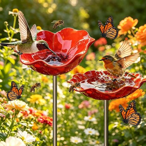 2 Stück Metall-Vogeltränken mit Blumen, handgefertigten Gartensperlingen, winterfesten Vogeltränken und Insektenwasser, Garten- und Terrassenbad, 2 Stück rot (1/5)