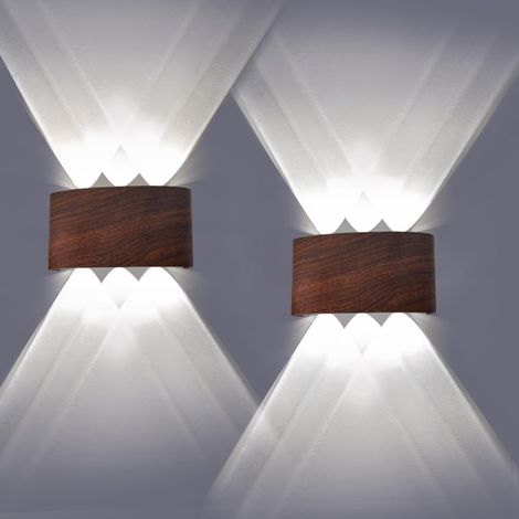 Appliques Murales LED Up Down 2 Pièces 6W 6000K Blanc Froid IP65 Étanche Alliage d'Aluminium avec Finition Bois Luminaire Éclairage Mural Intérieur Extérieur pour Chambre Salon Balcon Couloir (1/5)
