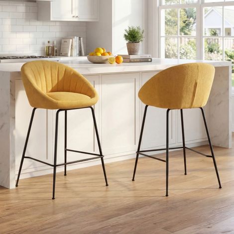 Wahson Lot de 2 tabourets de bar en tissu éponge – Pieds en métal noir – Dossier coquillage – Confort optimal pour cuisine et cafés