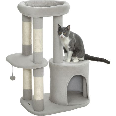 Árbol para gatos, torre de juegos con rascadores, plataforma, casita, bola, tela de felpa, 60 x 45 x 90 cm, gris claro (1/5)