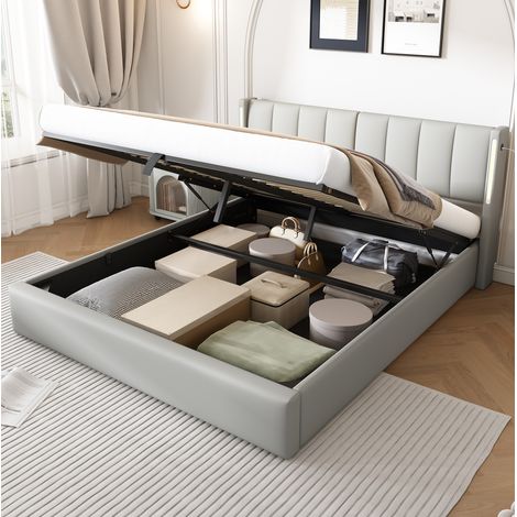 Polsterbett 160/200 cm grau aus PU mit LED-Beleuchtung und Stauraum (1/5)