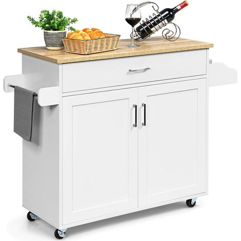 Costway – Desserte de cuisine sur roulettes – Grand placard avec étagère réglable – Tiroir spacieux – Porte-épices et porte-serviettes – MDF blanc