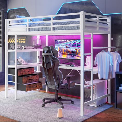 Letto rialzato 90x200 cm, con scrivania, illuminazione LED, presa elettrica, porta USB, 3 cassetti, ripiani, scala e sponda, senza materasso, bianco (1/5)