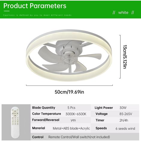 Ventilateur de plafond LED simple (blanc, 50 cm), avec télécommande, variateur d'intensité progressif et 6 vitesses de ventilation. (1/5)