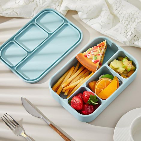 Boîte à lunch pratique en silicone pour adultes, lot de 4, étanche, de qualité alimentaire, idéale pour les repas, les collations et le micro-ondes (compatible micro-ondes et lave-vaisselle) (bleue). (1/5)