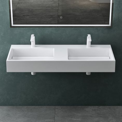 Mai & Mai – Double lavabo suspendu blanc 120cm – Vasque rectangulaire à poser pour 2 robinets – Résine de synthèse – Installation facile - Col12-1200-2