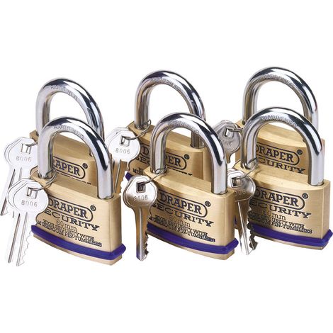 Draper Pack of 6 Solid Brass Padlocks with Hardened Steel Shackles, 60mm Diameter (Model 67663) (1/5)