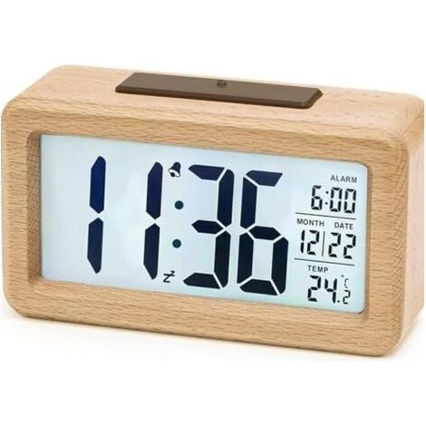 Reveil Numerique, Reveil Matin a Piles en Bois avec Grand écran LCD, Horloge Numérique avec Rétroéclairage, Date, Température, Capteur de Lumière Automatique, Snooze (3 Piles AAA Incluses) (1/5)
