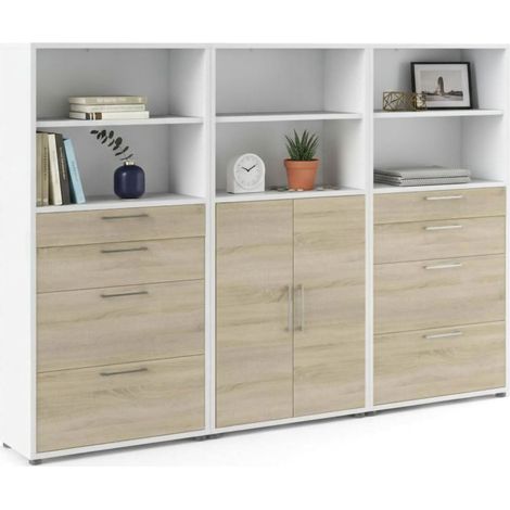 Dmora - Credenza Lilas, Buffet da soggiorno, Madia da salotto, Dispensa da cucina, 267x40 h186 cm, Bianco e Quercia