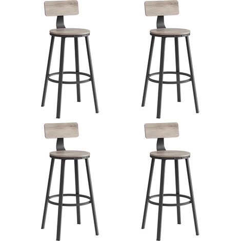 Vasagle – Lot de 4 tabourets de bar – Hauteur d'assise 73 cm – Cadre en acier – Dossier et repose-pieds – Style industriel grège