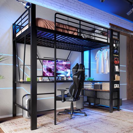 Lit mezzanine 90x200 cm avec bureau 4 tiroirs ports USB et Type-C, bande lumineuse LED, cadre en fer noir(sans matelas) (1/5)