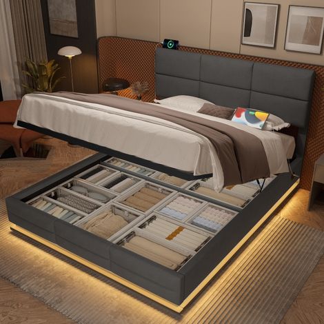 Polsterbett 140x200 cm mit Stauraum und LED-Beleuchtung, Samtbett mit höhenverstellbarem Kopfteil, USB-Anschluss & hydraulischem Bettkasten, Grau (1/5)