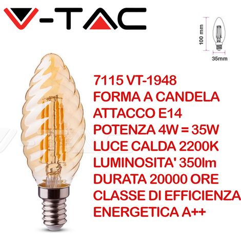 V-TAC VT-1948 7115 Lampadina LED E14 4W Candela a Tortiglione a Filamento Ambrato 2200K (1/5)