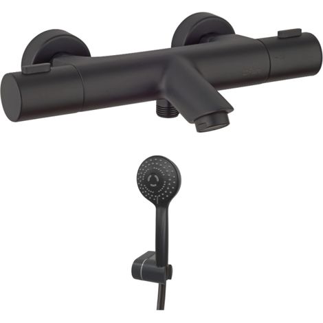 PAINI Ruby Mezclador termostático para baño-ducha + Minikit Teleducha redonda 3 chorros Ruby Negro mate