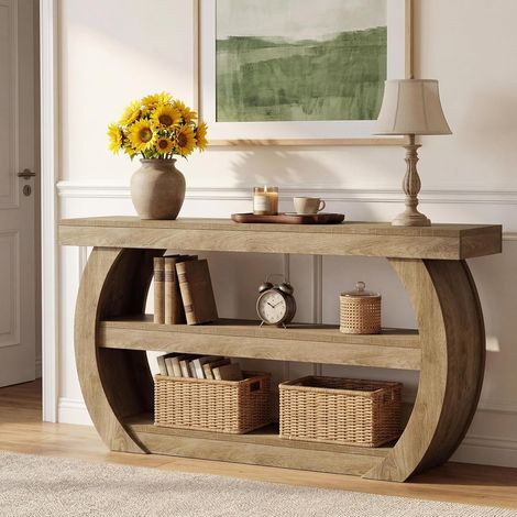 Tribesigns Console Entrée 160 cm, Table de Couloir Bois à 3 Niveaux avec Étagères de Rangement, Console de Salon Derrière Canapé, Design Unique, Marron Clair