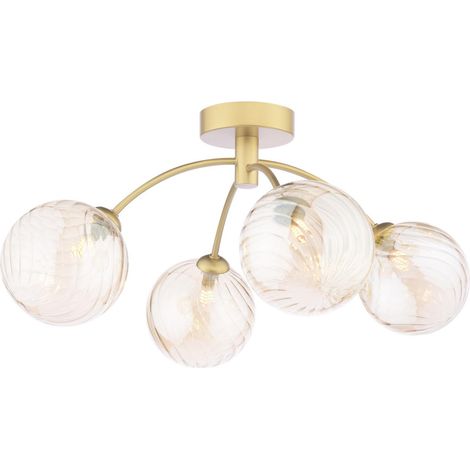 Dar Izzy Plafonnier semi-encastré Izzy 4 lumières, or mat et verre ambré torsadé