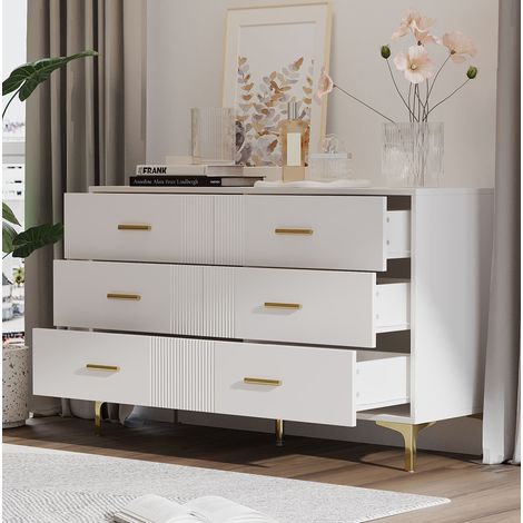 Kommode aus MDF in Weiß mit 6 Schubladen, Wellenfront und erhöhten Füßen, 120x40x76 cm (1/5)