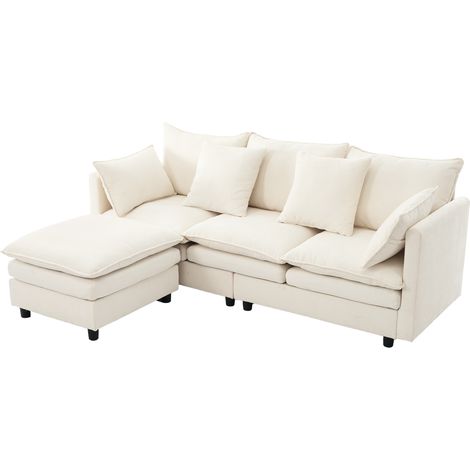 Sofá esquinero reversible de 3 plazas con 3 respaldos, 4 cojines, chaise móvil, Chenilla Beige (1/5)