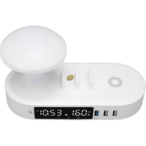 Réveil-chargeur avec veilleuse tactile, 6 ports USB, lampe de bureau, chargeur sans fil pour chambre ou bureau, prise US 100-240 V (1/5)