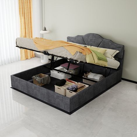 Lit moderne minimaliste et moelleux, tête de lit confortable et douce, 160200CM, gris, meuble de chambre multifonctionnel, sommier coffre haut avec tige pneumatique, matelas non inclus. (1/5)