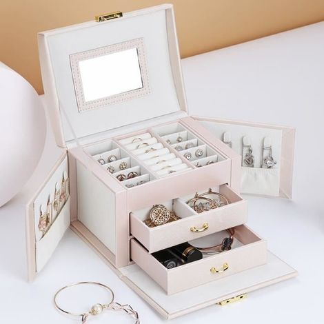 Coffret à bijoux avec 2 Tiroirs, Coffre à bijoux verrouillable avec Miroir, Boîte de voyage portable, Doublure en velours, Blanc (1/4)