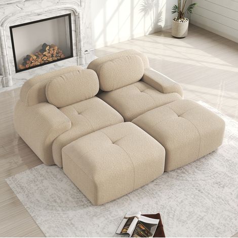 Canapé modulaire 2 places beige en velours côtelé avec accoudoirs ergonomiques (1/5)