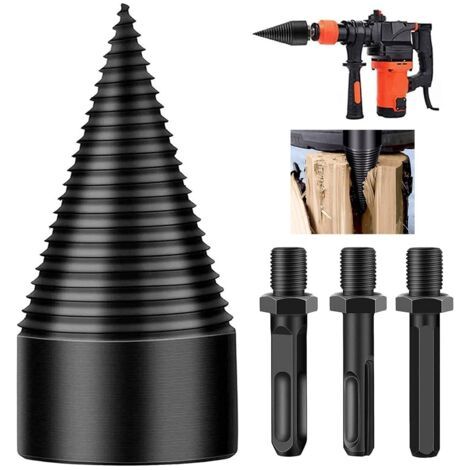 SABIR Fendeuse de bûches, 4 forets coniques amovibles pour bois d'allumage, forets robustes pour perceuses électriques, tournevis conique hexagonal + carré + rond 50 mm (1/5)