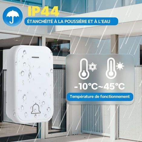 Sonnette sans fil Etanche IP44 pour Extérieur Intérieur Sonnette sans fil sans pile, 38 Mélodies et 4 Niveaux, 1 Émetteur 2 Récepteurs Portée 150M