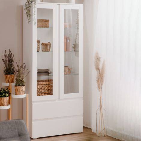 M&S – Vitrine 2 portes 2 tiroirs 80x40x191 cm en panneaux de particules blanc – Design moderne avec portes en verre – Facile à entretenir