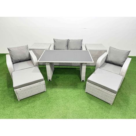 Fimous Outdoor Rattan Garden Furniture Dining Set 6-seater Patio Rectangular Table Love Sofa Reclining Chair Set with 2 Side Tables 2 Big Stools (1/3)