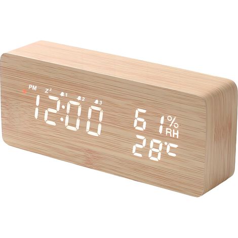 Réveil Numérique Radio-Contrôlé avec 3 Alarmes Indépendantes et Fonction Snooze–Reveil Bois avec Affichage de la Date, de la Température, Réglage du Volume et de la Luminosité (1/5)