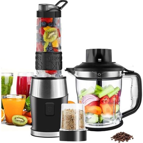 Frullatore 3 in 1, frullatore per smoothie da 700 W, 24000 giri/minuto, con caraffa da 1,2 l/borraccia sportiva da 570 ml/bicchiere per macinare da 300 ml, senza BPA. (1/4)