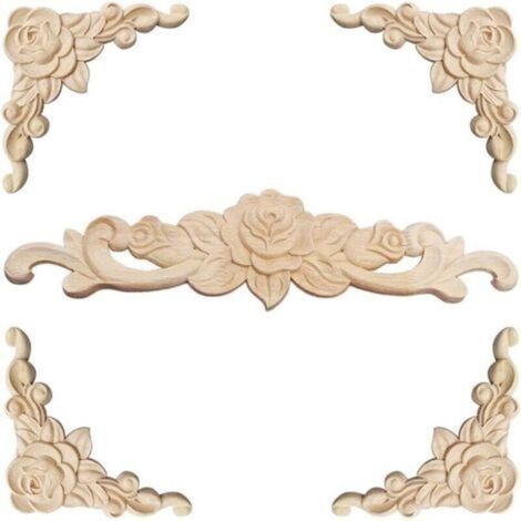 Moulure Decorative Bois 5 Pièces Sculpture Bois Moulure Décorative Bois Applique Moulure Rosace Decorative Floral Bois Sculpte Decal Sculpté d'angle Decoratif pour Décoration Meuble (1/4)