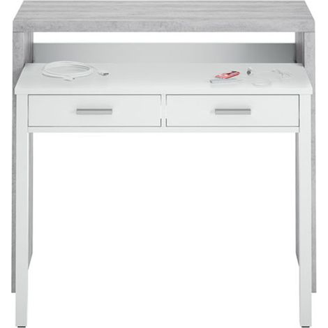 Bureau avec 1 etagere / niche et 2 tiroirs coloris Blanc Artik / Ciment en melamine - Dim: 88 x 99 x 36 cm -PEGANE- (1/5)