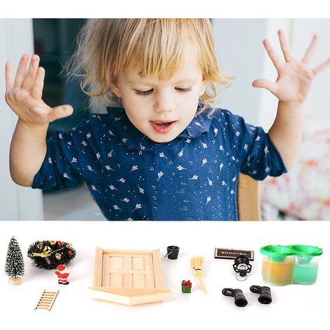 Kit de maison de poupée de Noël à monter soi-même, ensemble de gnomes miniatures en résine comprenant un tapis de sol, une porte, une couronne de Noël, une échelle, un balai et des bottes en forme de (1/5)