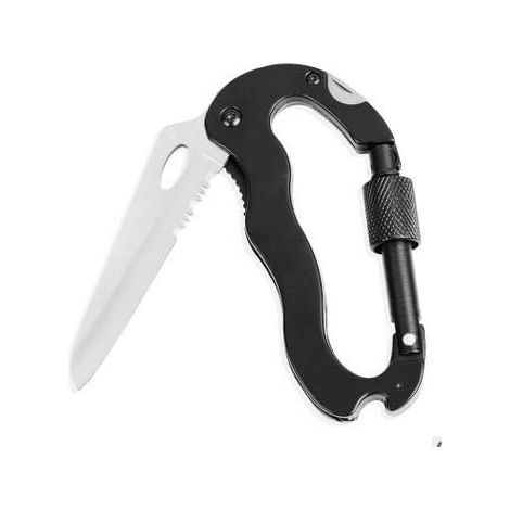Herramienta de escalada portátil multifuncional 5 en 1: abrebolsas, mini mosquetón, llavero de montañismo, destornillador, navaja plegable portátil con mosquetón (negro)