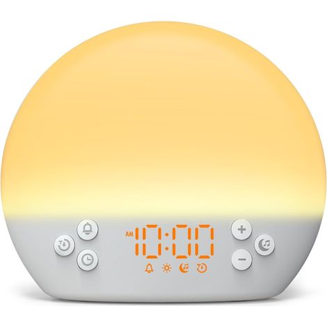 Réveil Lumineux Simulateur d'aube, Eveil Lumière Reveil Matin 12 Couleurs  Machine Bruit Blanc avec 30 Sons Apaisants, Snooze/Minuteur,Réveil Lumière Veilleuse Lampe de Chevet pour Enfant/Adulte (1/5)