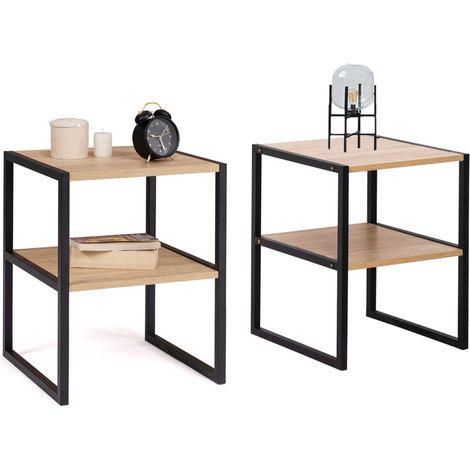 Idmarket – Lot de 2 tables de chevet en bois et métal noir – Design industriel – Dimensions 40x40x50cm – 2 tablettes ouvertes pour rangement