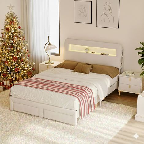 Letto matrimoniale 160x200 cm Design moderno - Testiera LED, cassetti e porte USB integrate - Comfort ottimale - Letto 160x200 cm - Beige (1/5)