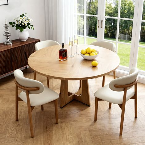 Ensemble repas rond modulaire avec table ø120 cm MDF plaqué chêne et 4 chaises en chêne massif naturel (1/5)