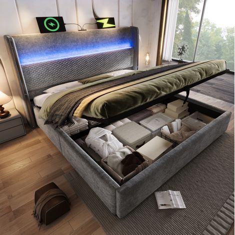 Cama doble abatible 140x200 cm, cabecero alto con LED y puertos USB y Type C, lino gris (1/5)